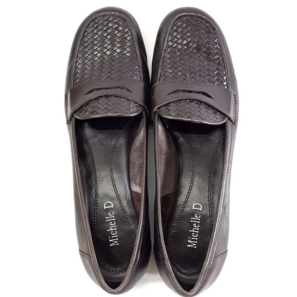 Michelle D Brown Leather Penny Loafers Quiet Luxury Woven Moc Comfort Flats 9.5M